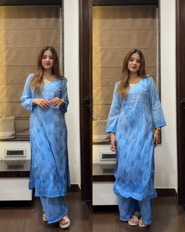 KRITIKA BLUE CHIKANKARI OMBRE COTTON CO-ORD SET