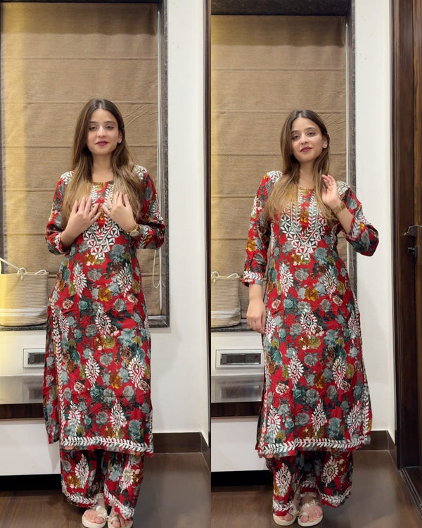 MAHIRA MAROON COTTON HANDWORK CHIKANKARI KURTA AND PALAZZO SET