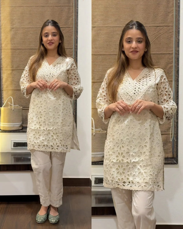 OFF WHITE PURE COTTON SCIFFLI CO-ORD SET