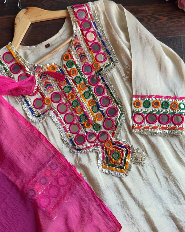 IVORY PREMIUM MIRROR BOHO TISSUE HANDWORK SUIT SET