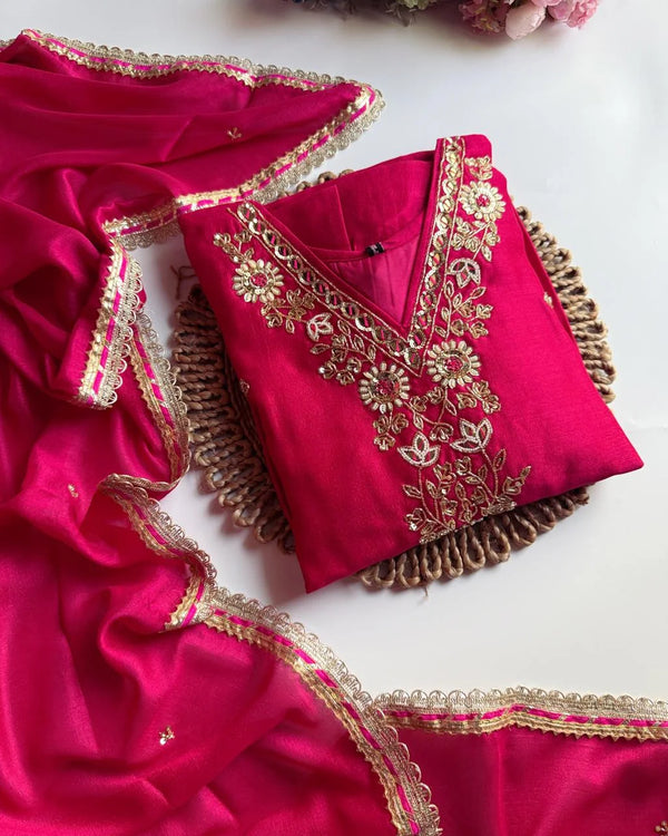 KASHEESH MAGENTA PURE DOLA SILK HANDWORK SUIT SET