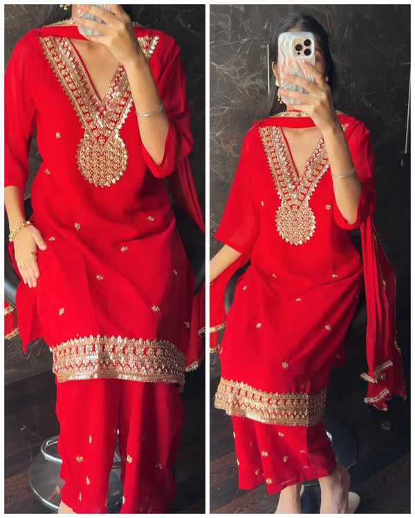 ISHANI RED KARWA SPECIAL GEORGETTE SUIT SET