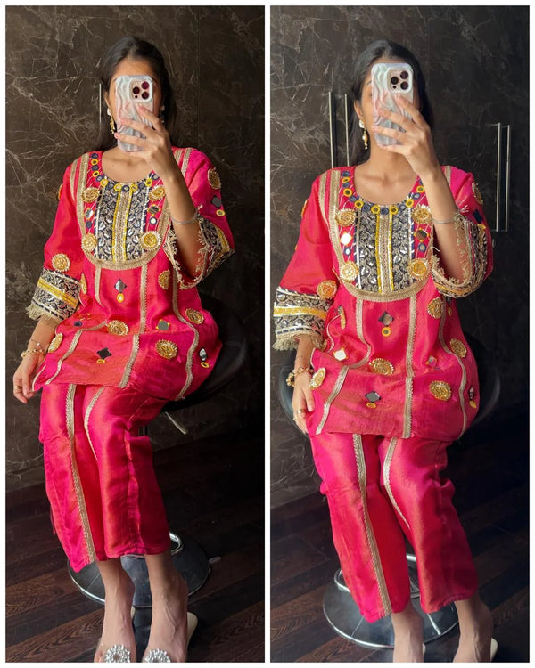 ESHANA PINK PREMIUM TISSUE SILK GOTTA CO-ORD WITH POTLI