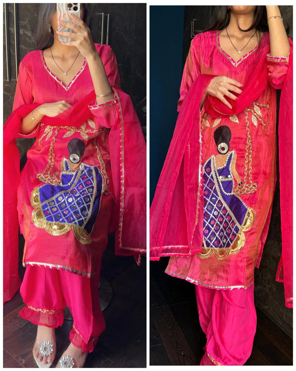 RASIYA PINK PREMIUM KORA COTTON WITH DOLL HANDWORK SUIT SET