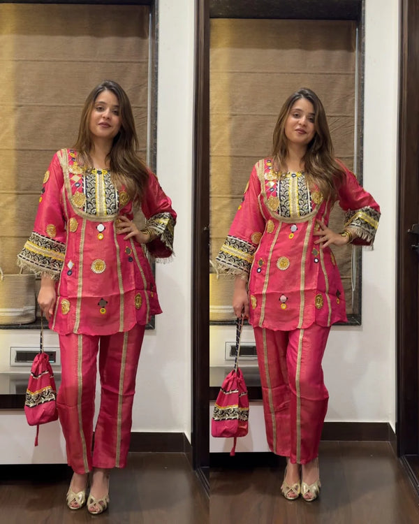 ESHANA PINK PREMIUM TISSUE SILK GOTTA CO-ORD WITH POTLI