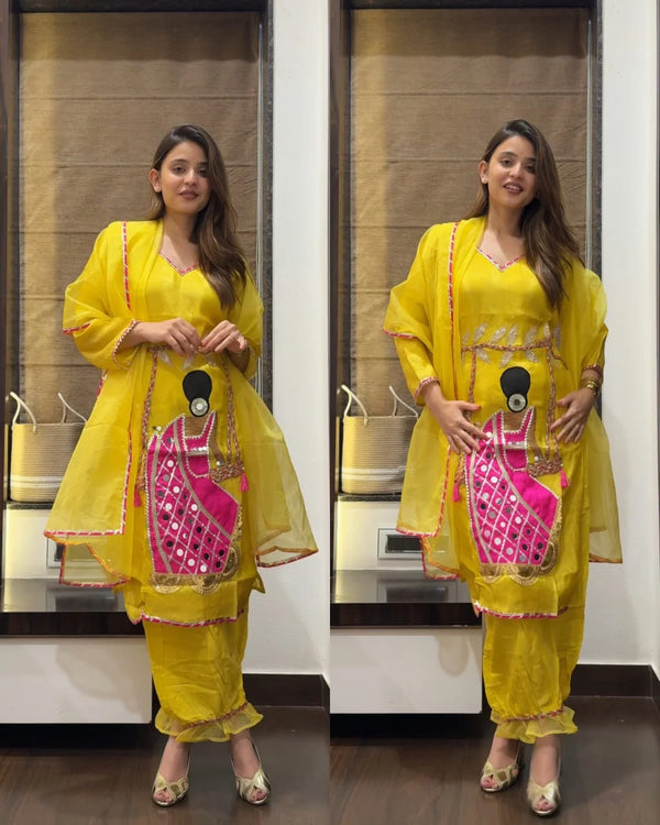 RASIYA YELLOW PREMIUM KORA COTTON WITH DOLL HANDWORK SUIT SET