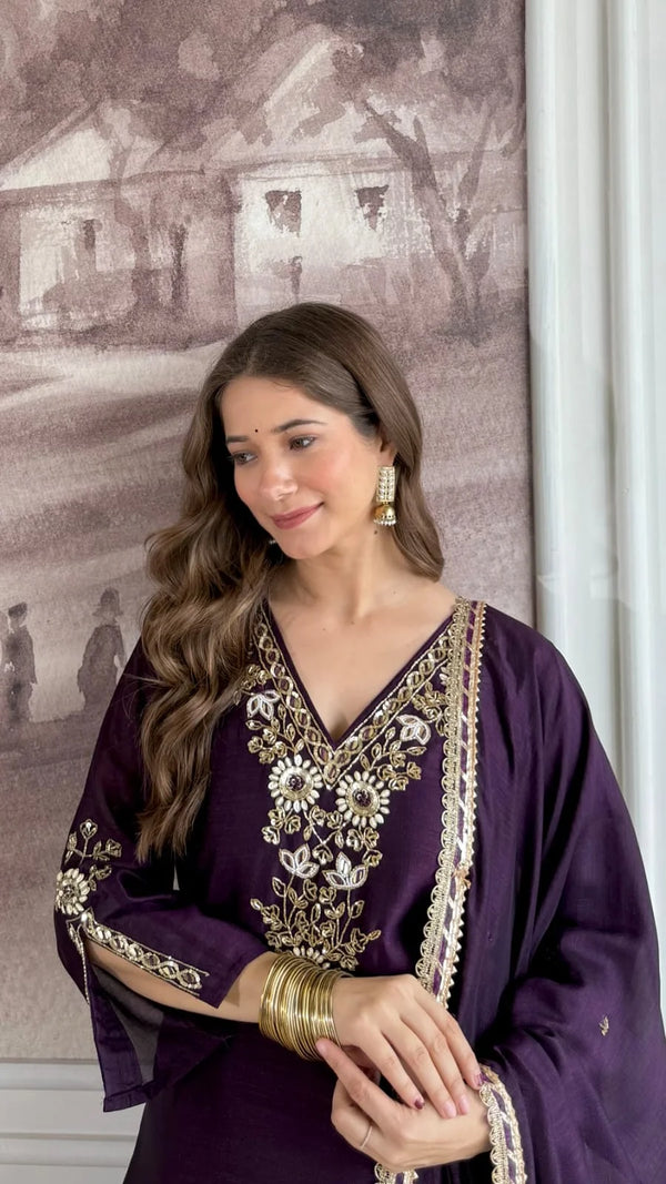 TAZNEEN DARK PURPLE PURE DOLA SILK HANDWORK SUIT SET