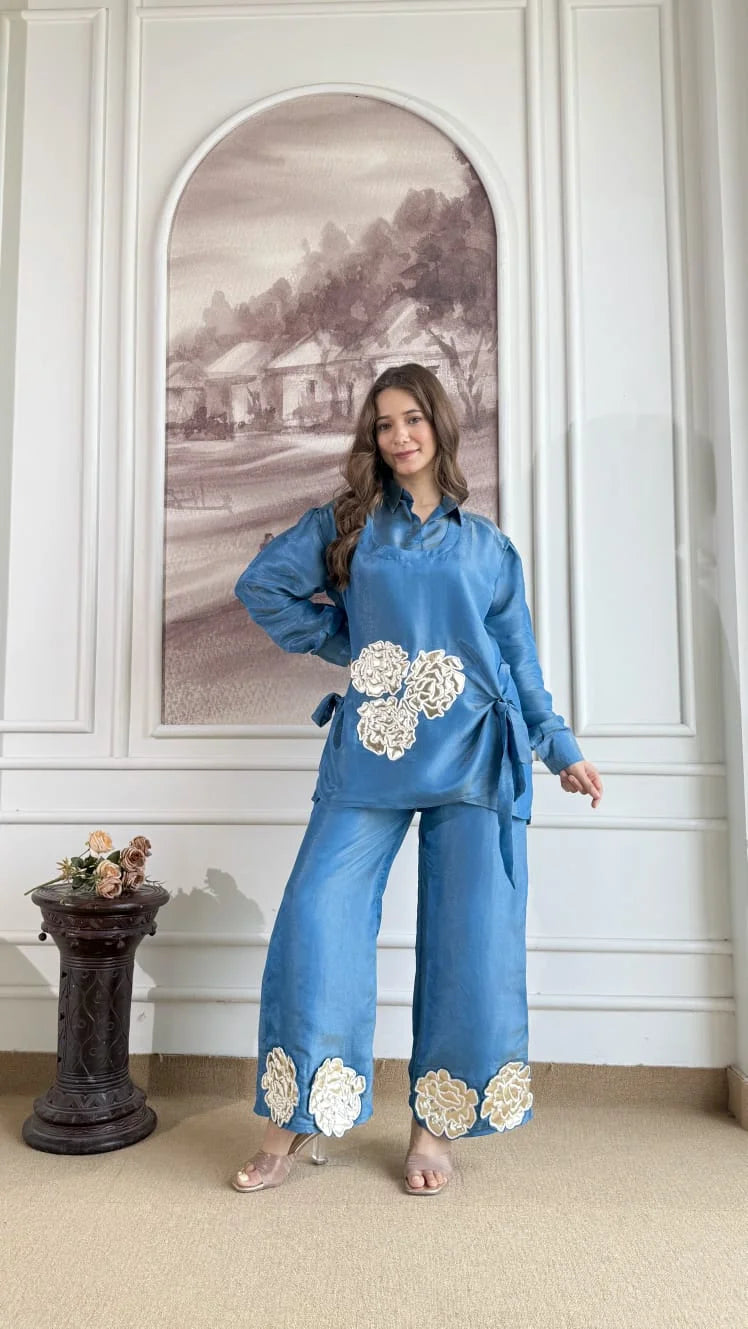FALAK BLUE PURE TISSUE 3 PIECE CO-ORD SET