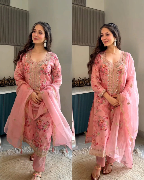 SAACHI PEACH KUNDAN ORGANZA FLORAL SUIT SET