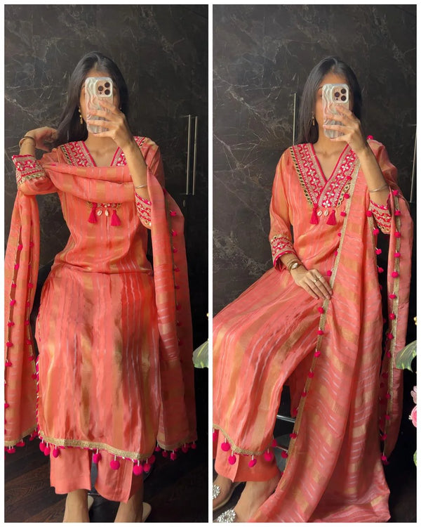 LAVANYA PEACH TISSUE POM POM SUIT SET