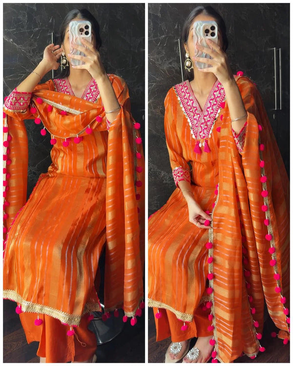 LAVANYA RUST TISSUE POM POM SUIT SET