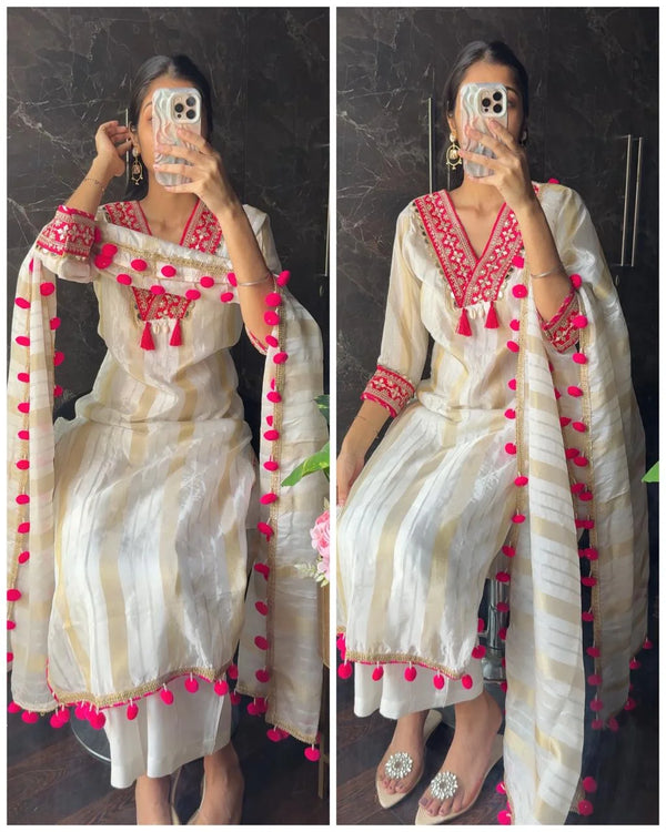 LAVANYA IVORY TISSUE POM POM SUIT SET