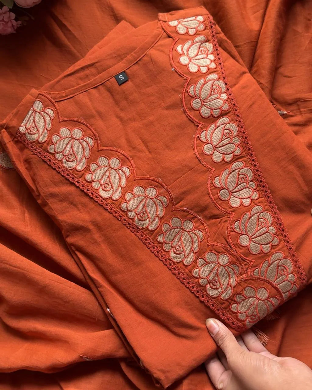 NAZIYA RUST ORANGE PREMIUM COTTON EMBROIDERED SUIT SET