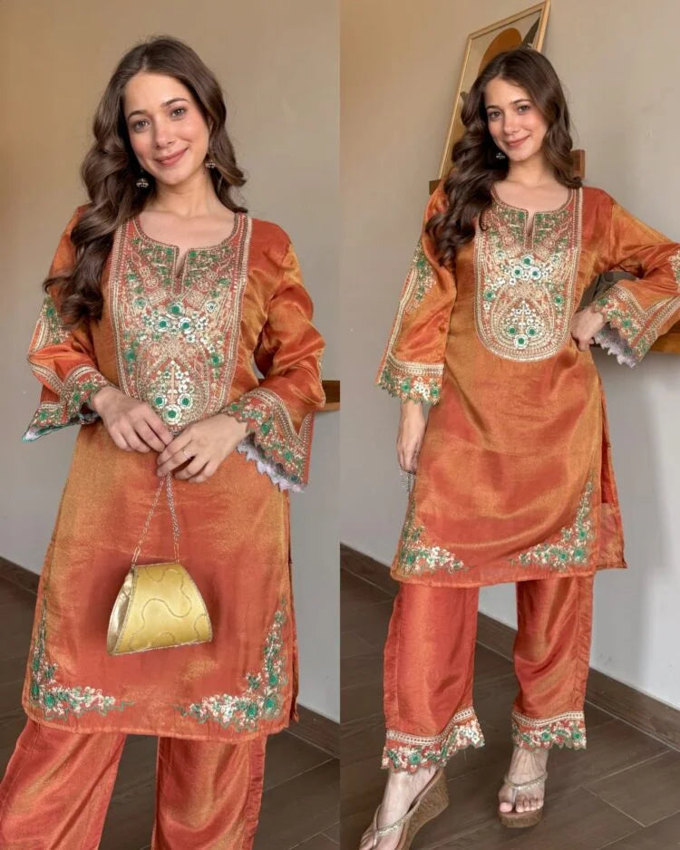 PREMIUM RUST TISSUE EMBROIDERED CO-ORD SET