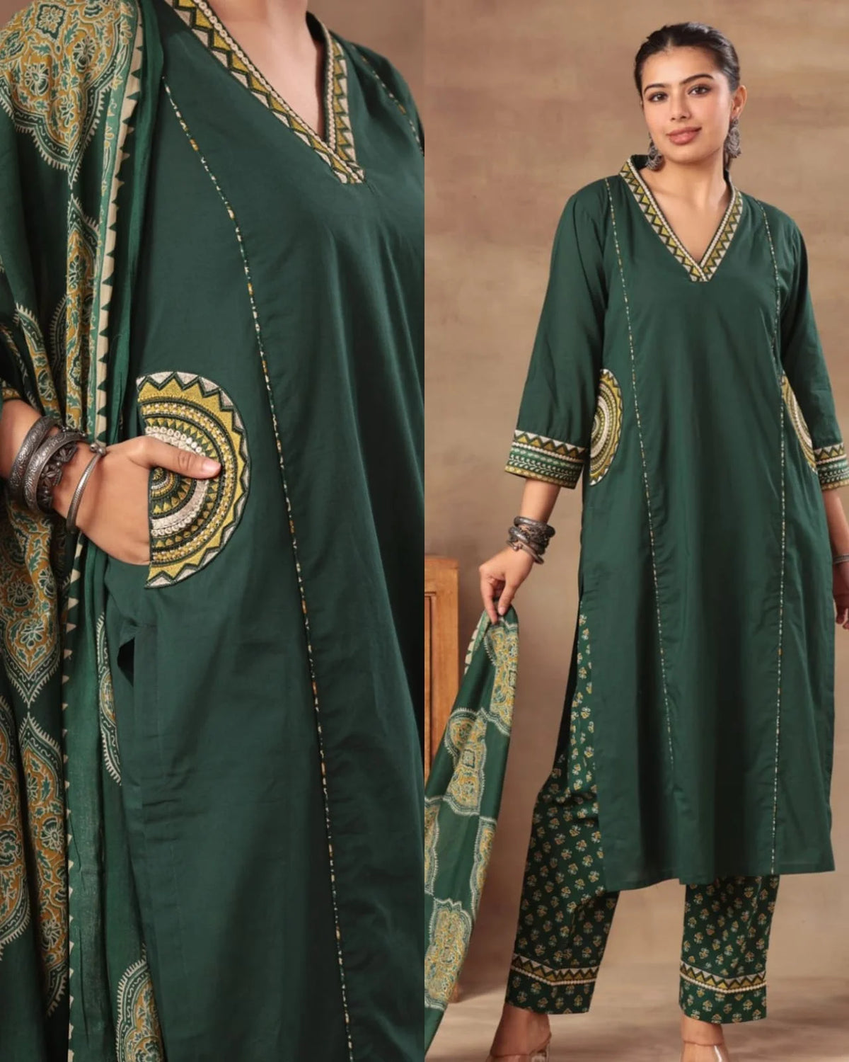 MAANYA GREEN COTTON EMBROIDERED POCKET SUIT SET