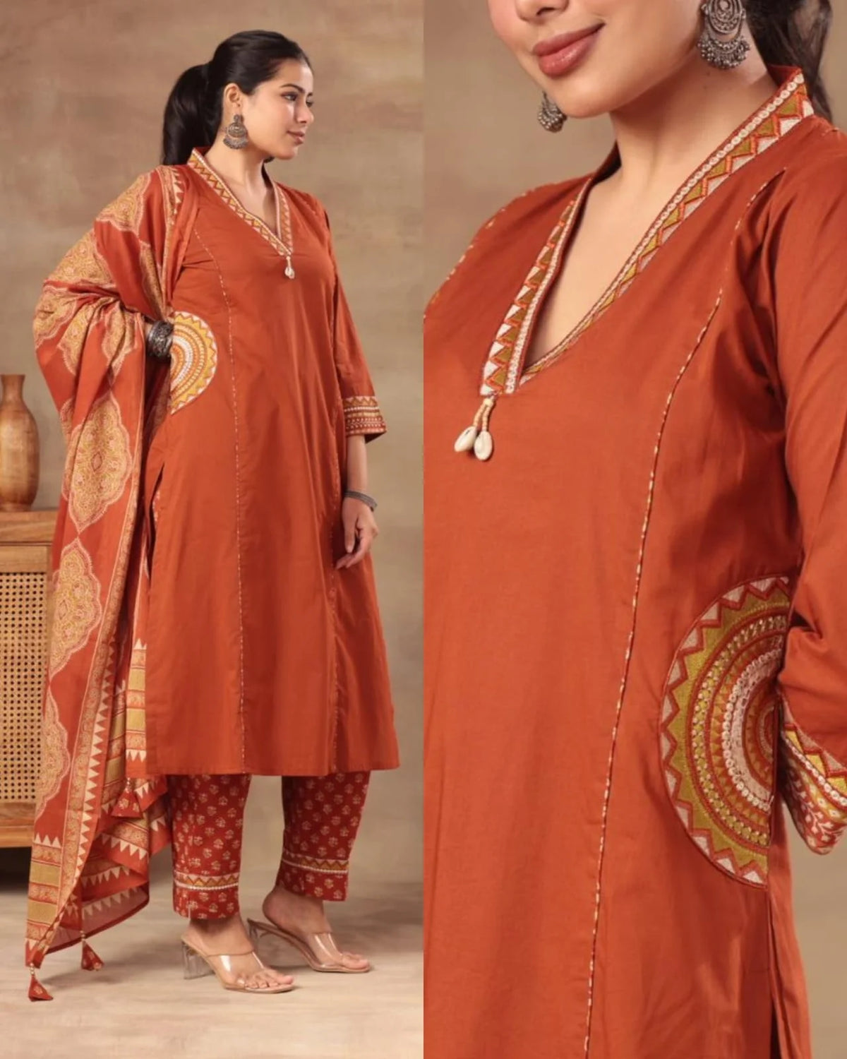 MAANYA RUST ORANGE COTTON EMBROIDERED POCKET SUIT SET