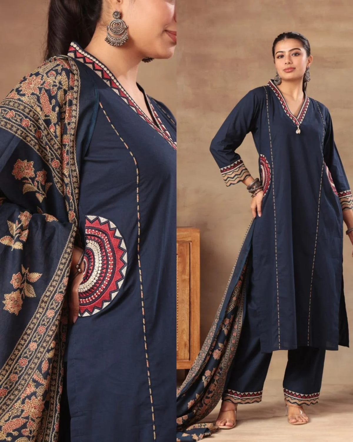MAANYA NAVY BLUE COTTON EMBROIDERED POCKET SUIT SET