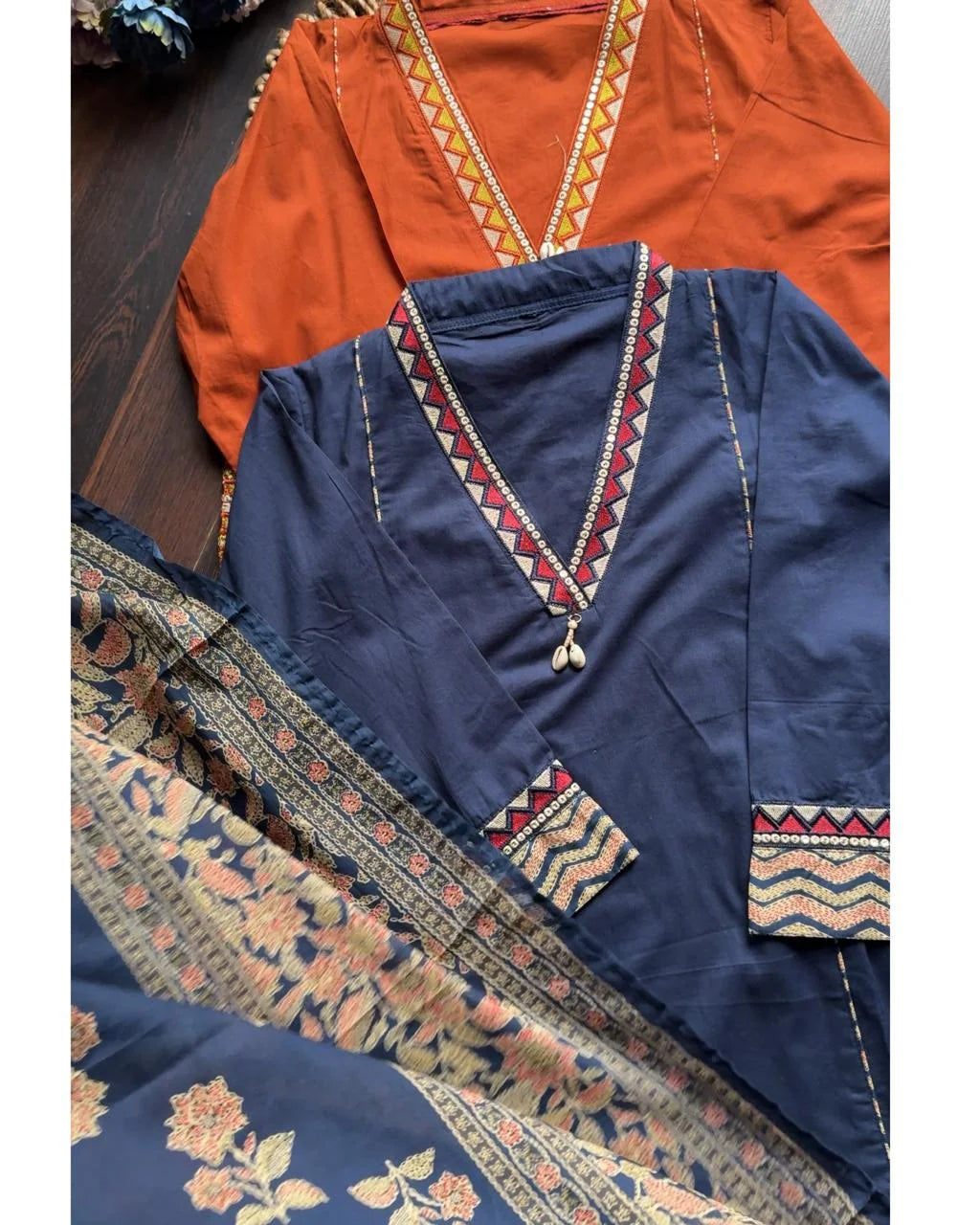 MAANYA NAVY BLUE COTTON EMBROIDERED POCKET SUIT SET