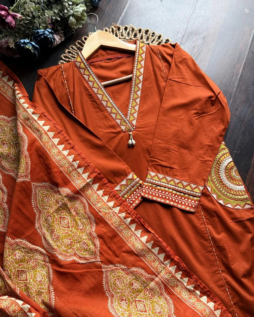 MAANYA RUST ORANGE COTTON EMBROIDERED POCKET SUIT SET