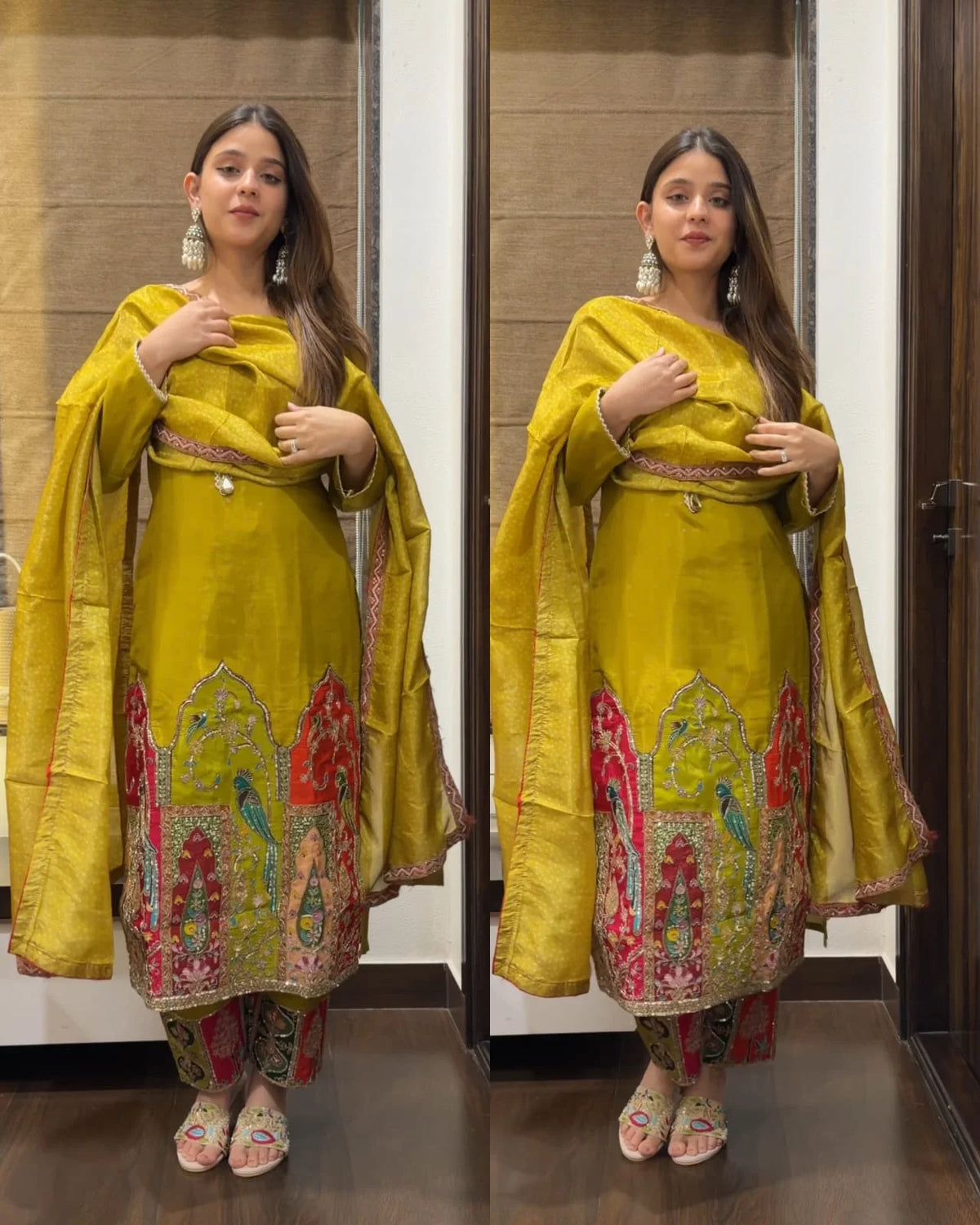 REET HEENA YELLOW TEMPLE HAND EMBROIDERED TISSUE SUIT SET