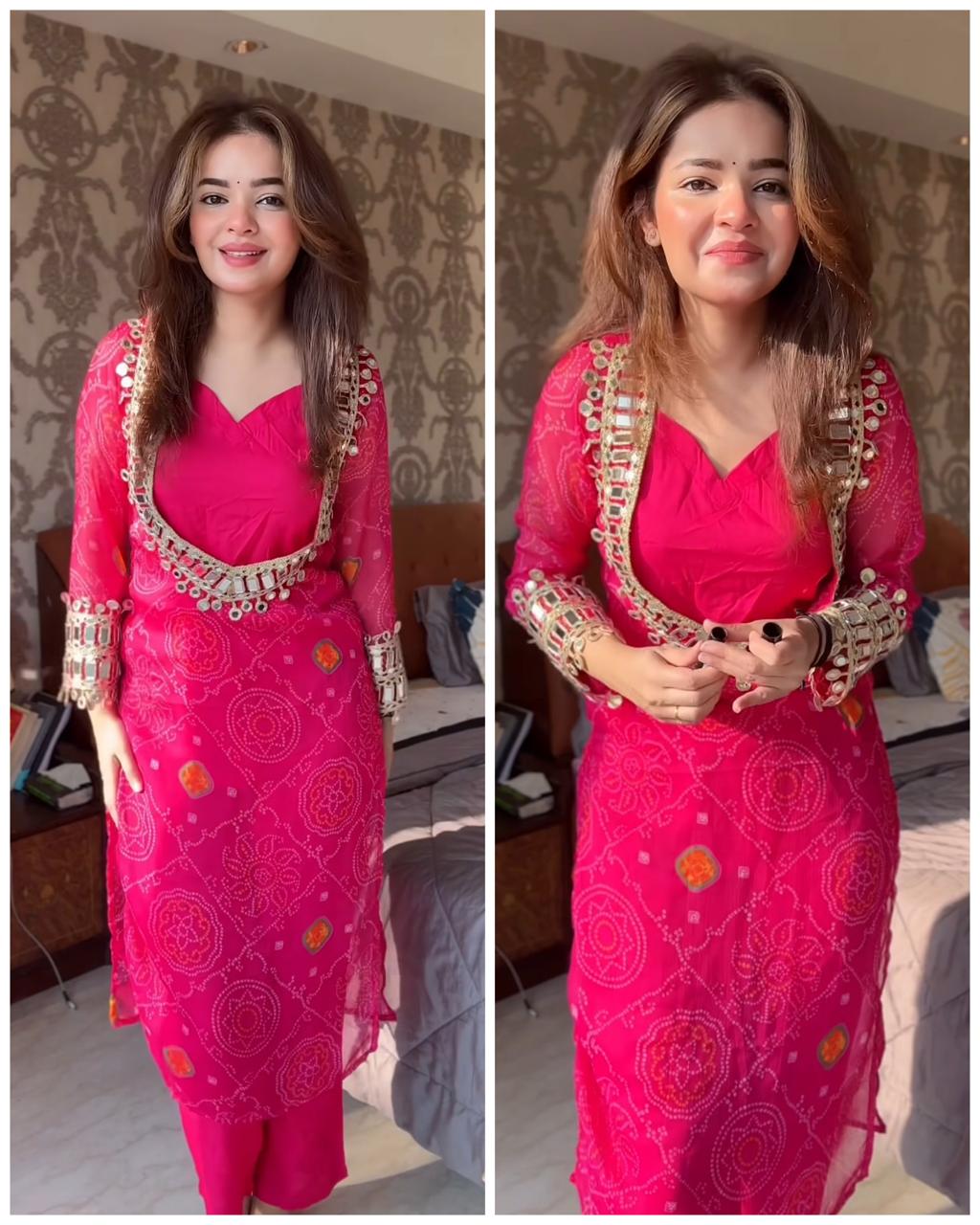 SURBHI PINK CHIFFON 3 PIECE BUSTIER  SET