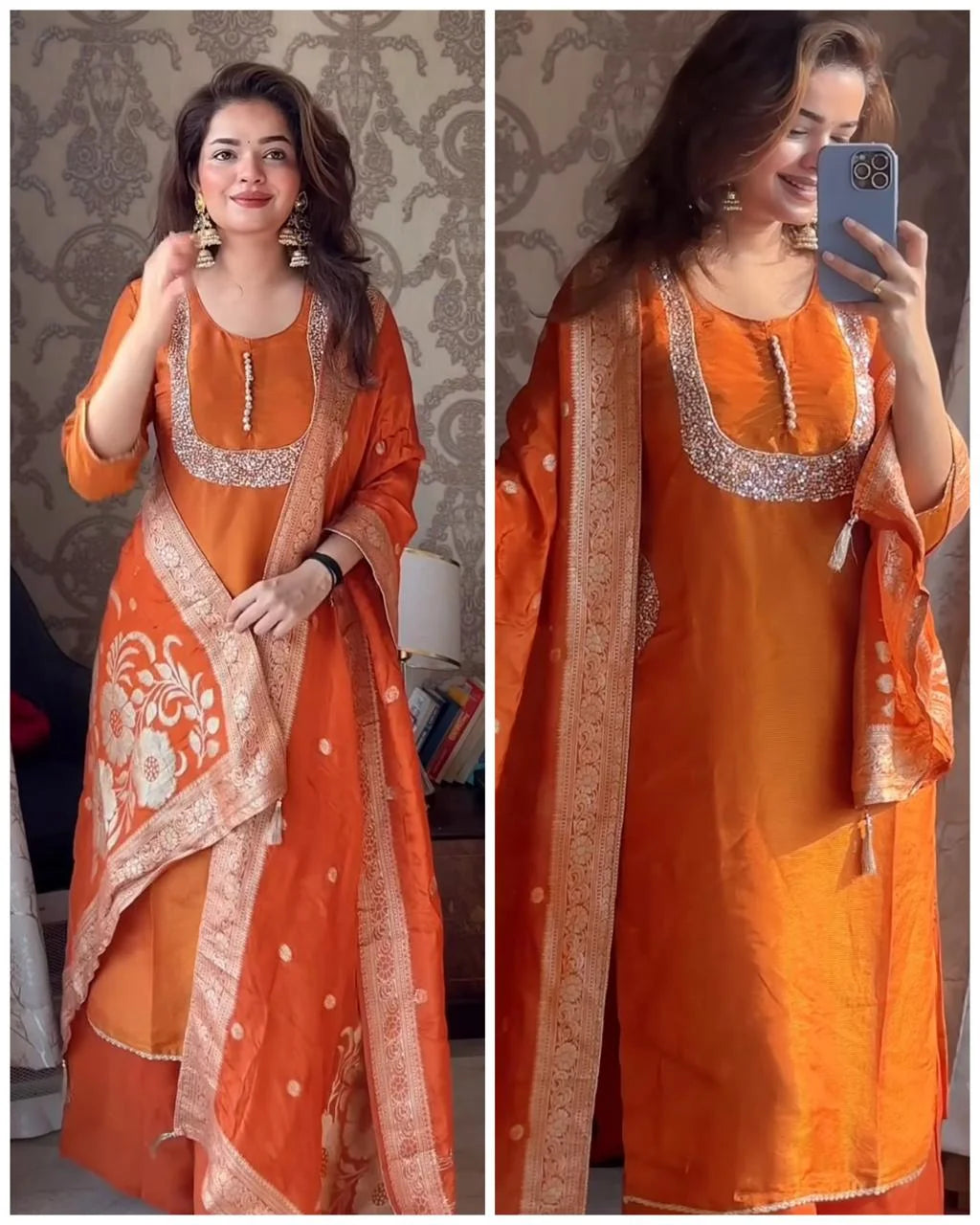 SUHANI RUST ORANGE PREMIUM SHIMMER TISSUE POCKET FIT SUIT