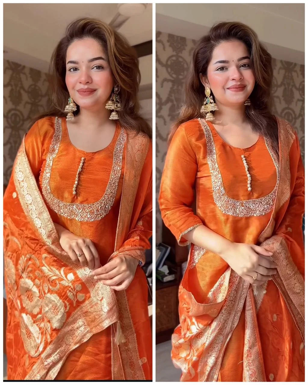 SUHANI RUST ORANGE PREMIUM SHIMMER TISSUE POCKET FIT SUIT