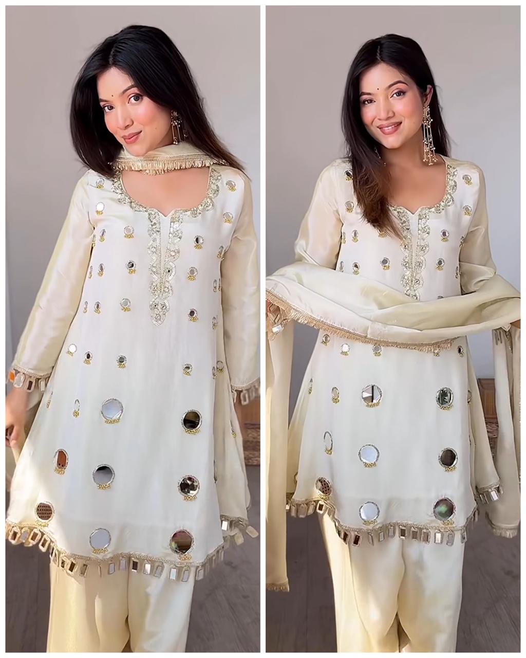 SAMEERA IVORY TISSUE SHIMMER EMBROIDERED MIRROR WORK FARSHI SUIT SET