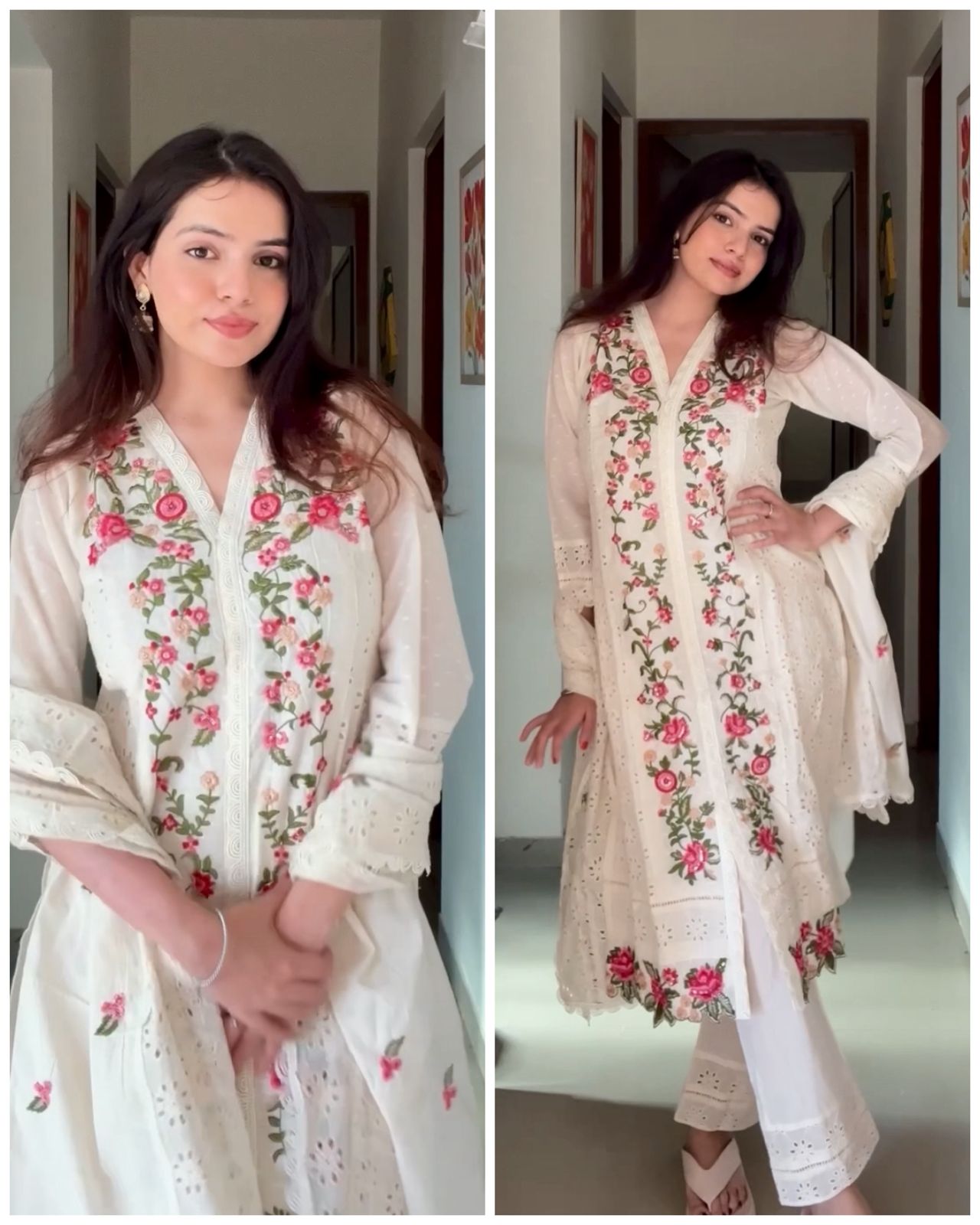 SAANVI IVORY PREMIUM KORA COTTON EMBROIDERED SUIT SET