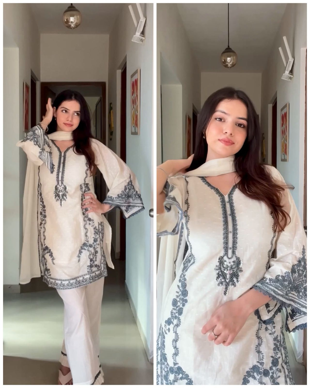 ZAIMA OFF WHITE & GREY COTTON EMBROIDERED PAKISTANI SUIT SET
