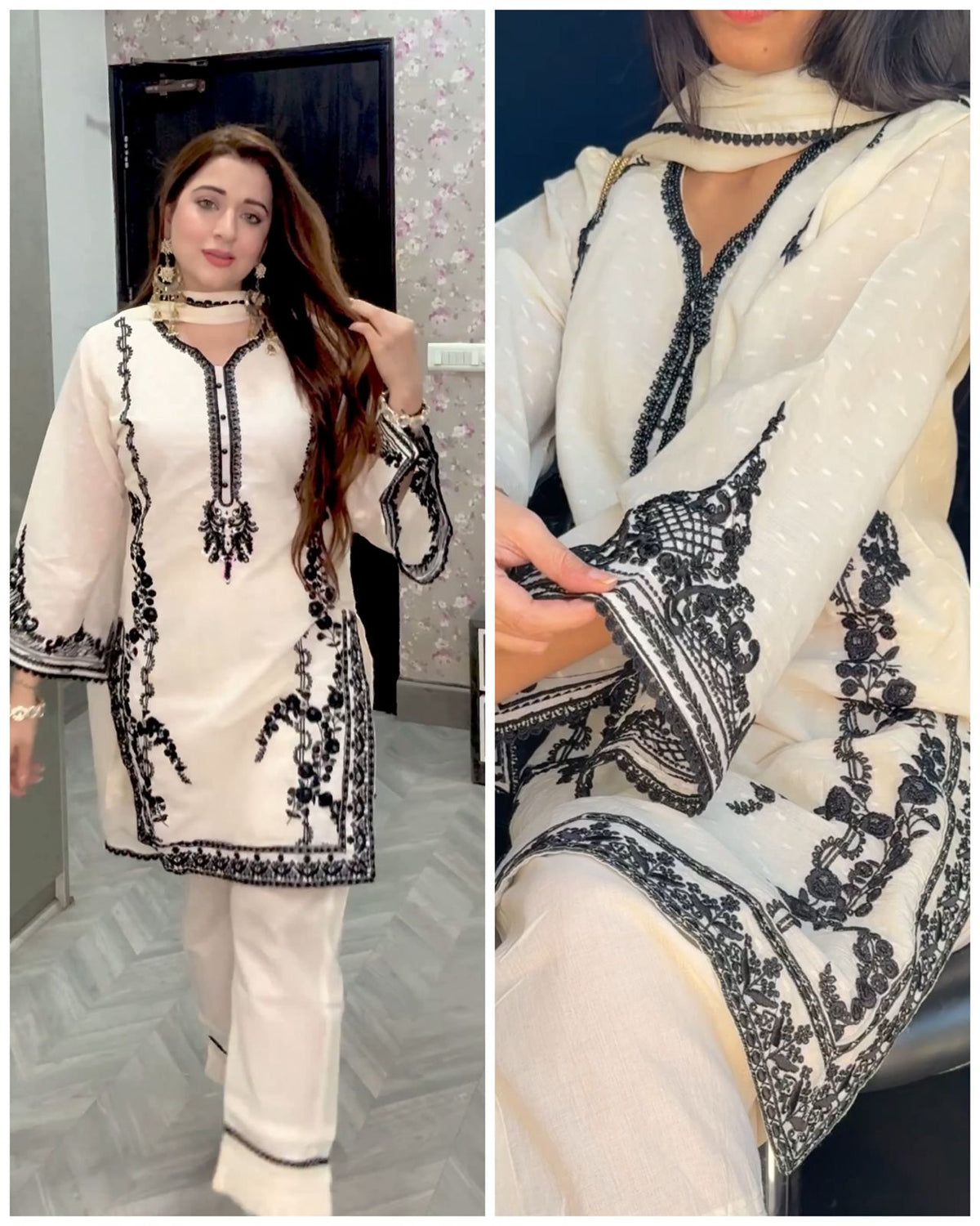 ZAIMA OFF WHITE COTTON EMBROIDERED PAKISTANI SUIT SET
