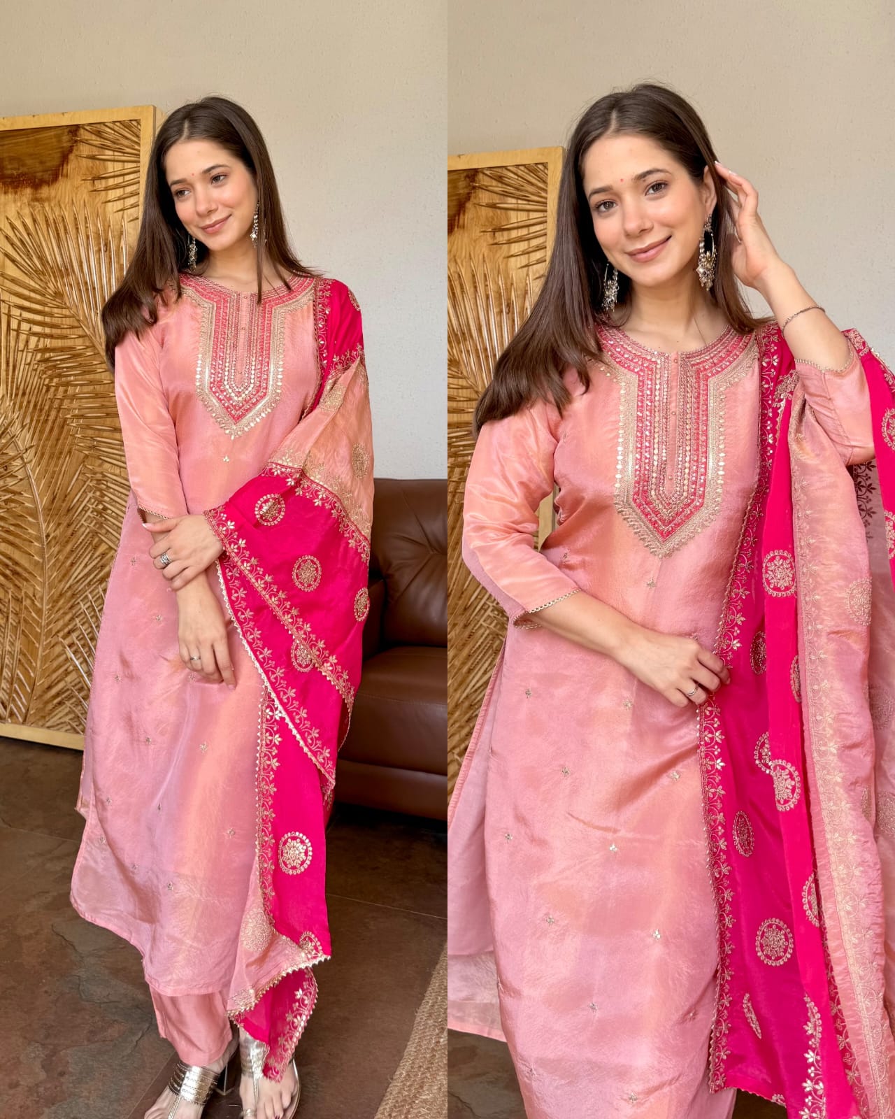 MEERA PEACH TISSUE SILK SUIT SET