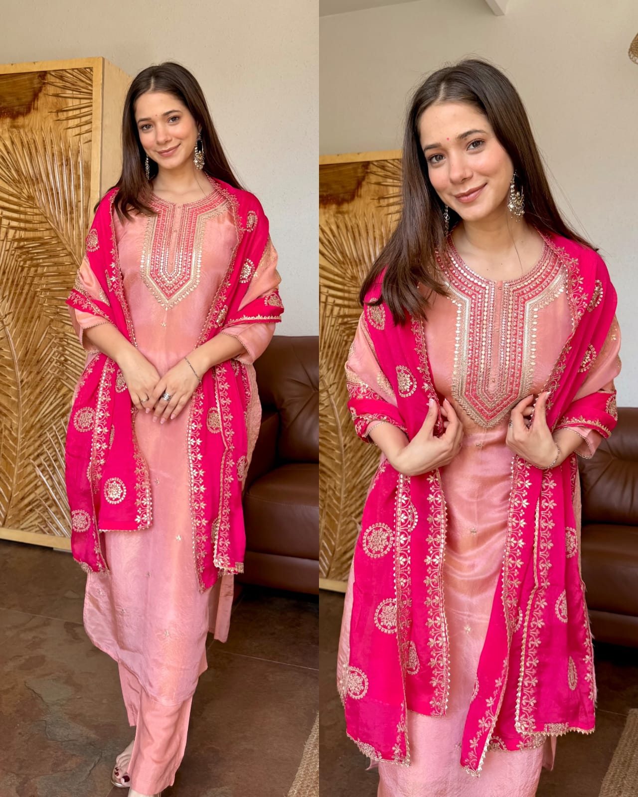 MEERA PEACH TISSUE SILK SUIT SET