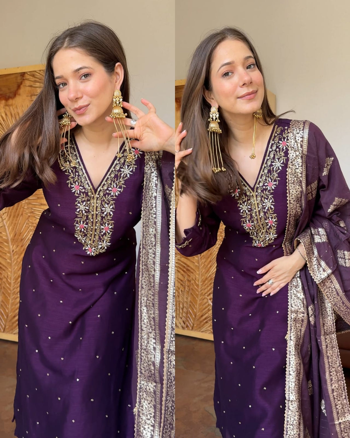 NAZNEEN WINE PURE DOLA SILK HANDWORK SUIT SET