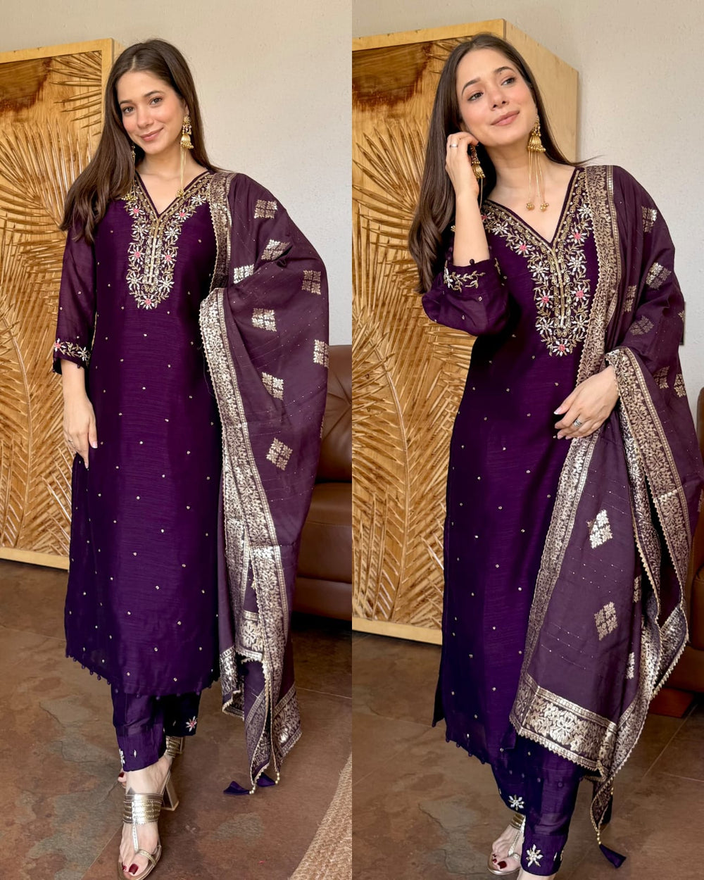 NAZNEEN WINE PURE DOLA SILK HANDWORK SUIT SET