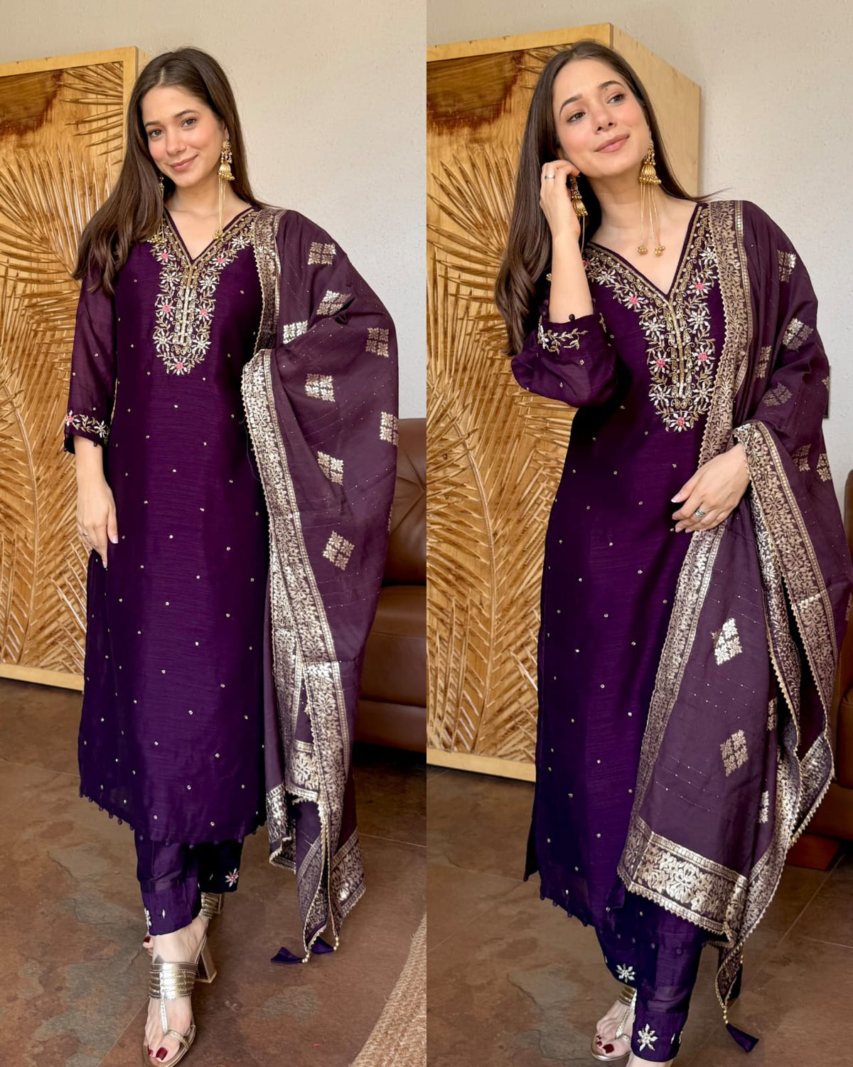 NAZNEEN WINE PURE DOLA SILK HANDWORK SUIT SET