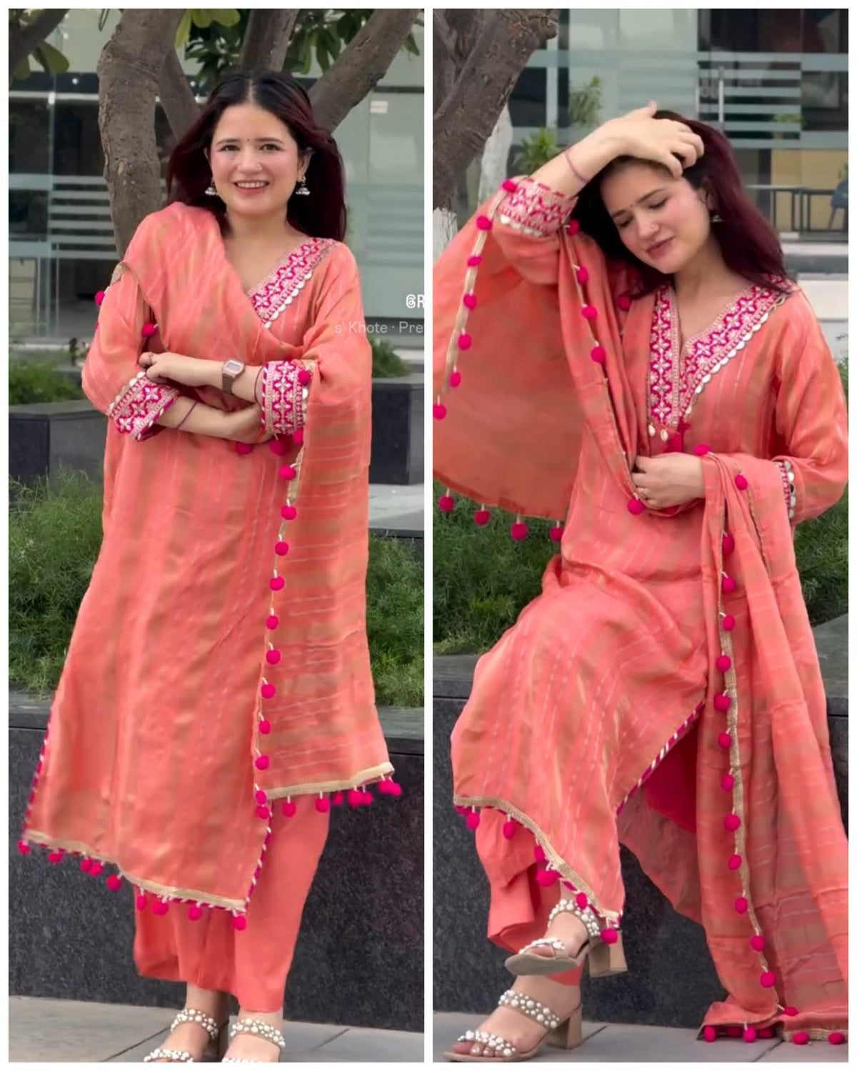 KANISHKA PEACH TISSUE POM POM SUIT SET