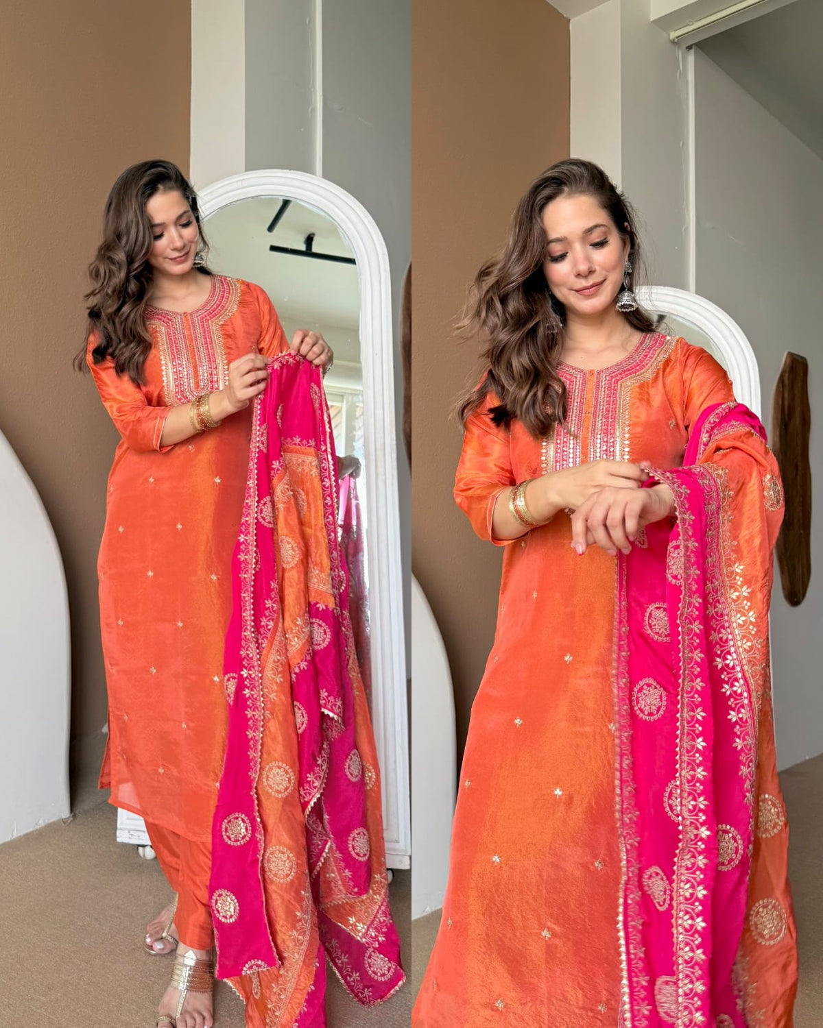 MEERA RUST ORANGE TISSUE SILK SUIT SET