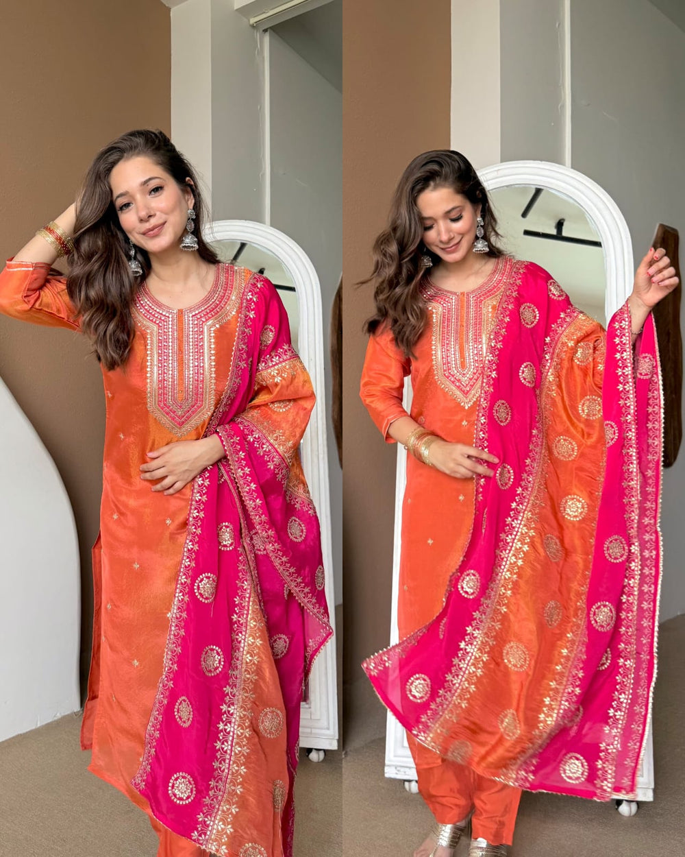 MEERA RUST ORANGE TISSUE SILK SUIT SET