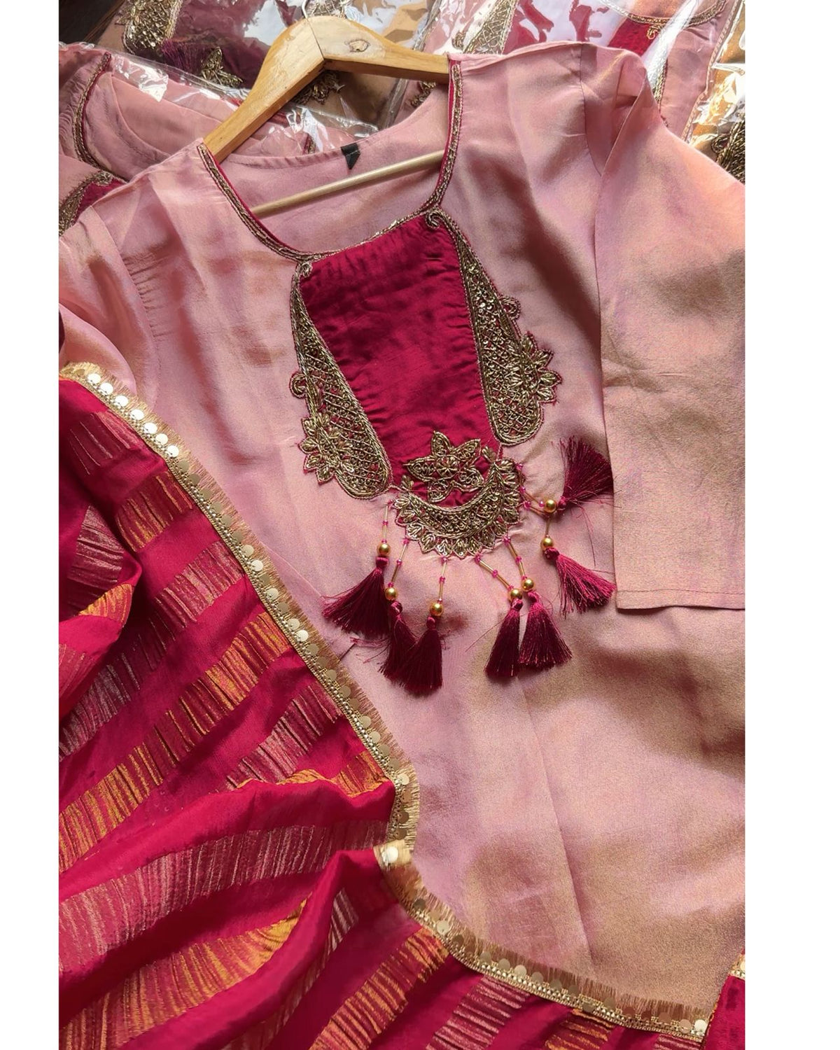 MEHRNAAZ BABY PINK TISSUE SILK SUIT SET