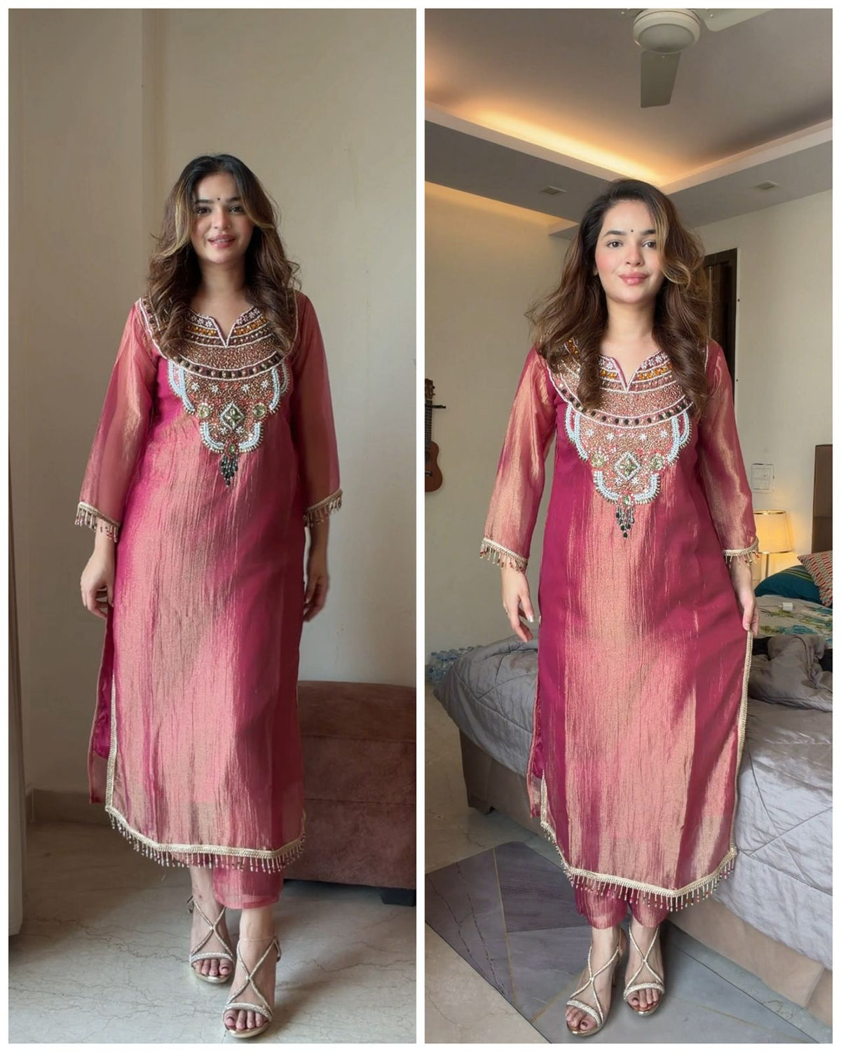 SAIRA MAUVE PINK TISSUE SHIMMER HANDWORK LONG CO-ORD SET