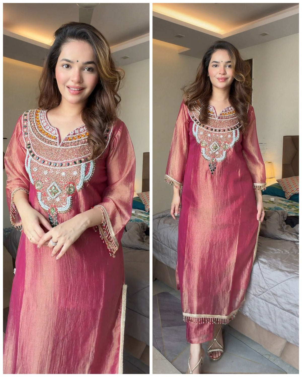 SAIRA MAUVE PINK TISSUE SHIMMER HANDWORK LONG CO-ORD SET
