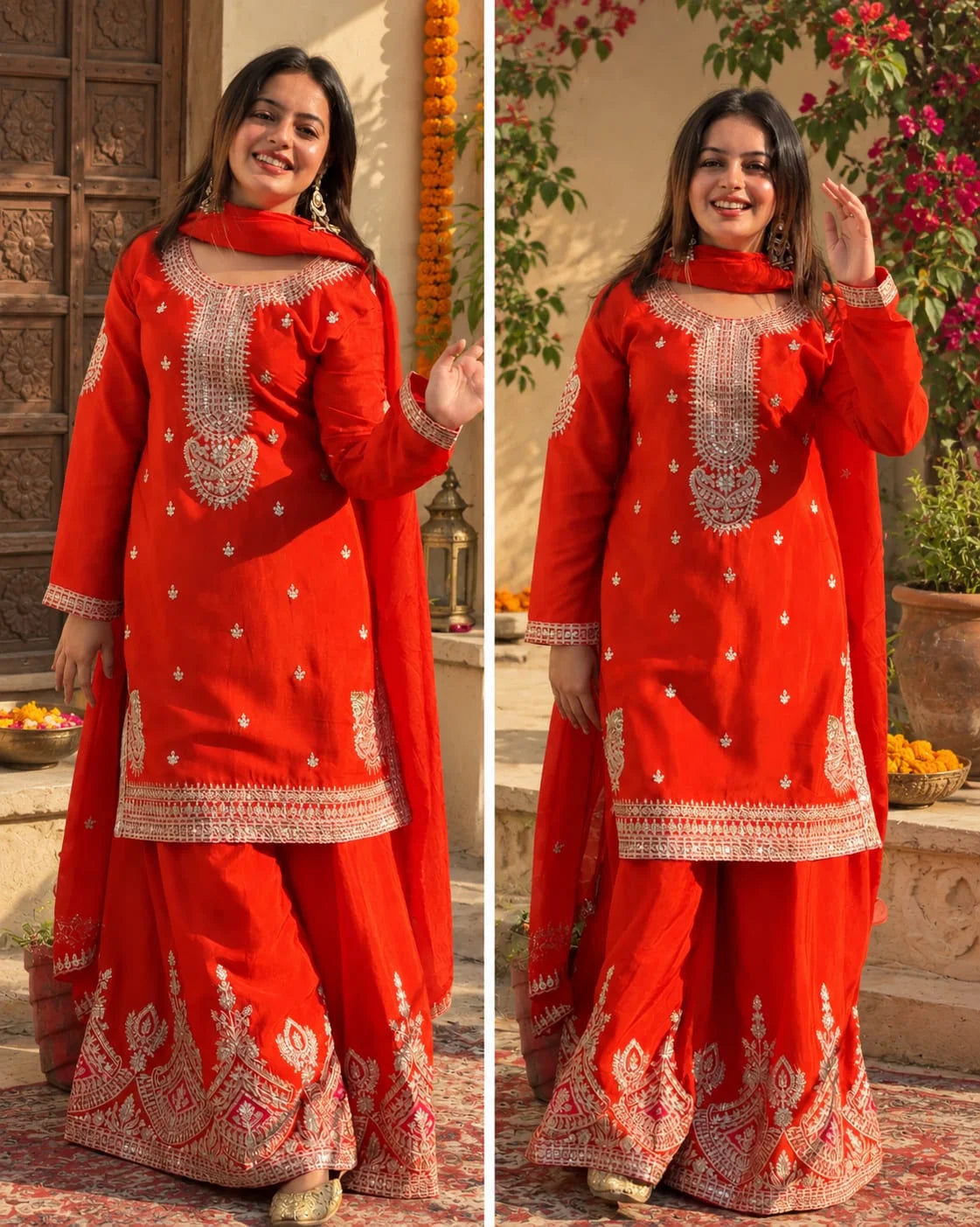 SHAGUN ORANGE PREMIUM TIISUE EMBROIDERED SHARARA SET