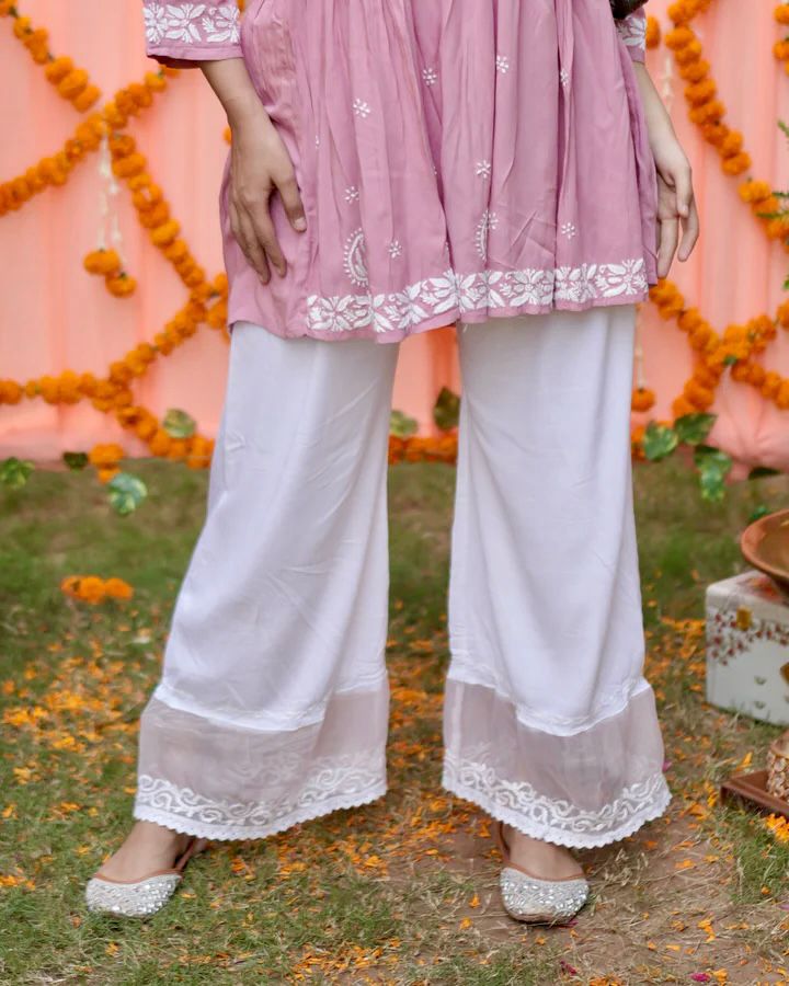 ZARA CHIKANKARI RAYON BOTTOM ORGANZA LACE PALAZZO - Ethnic Naari