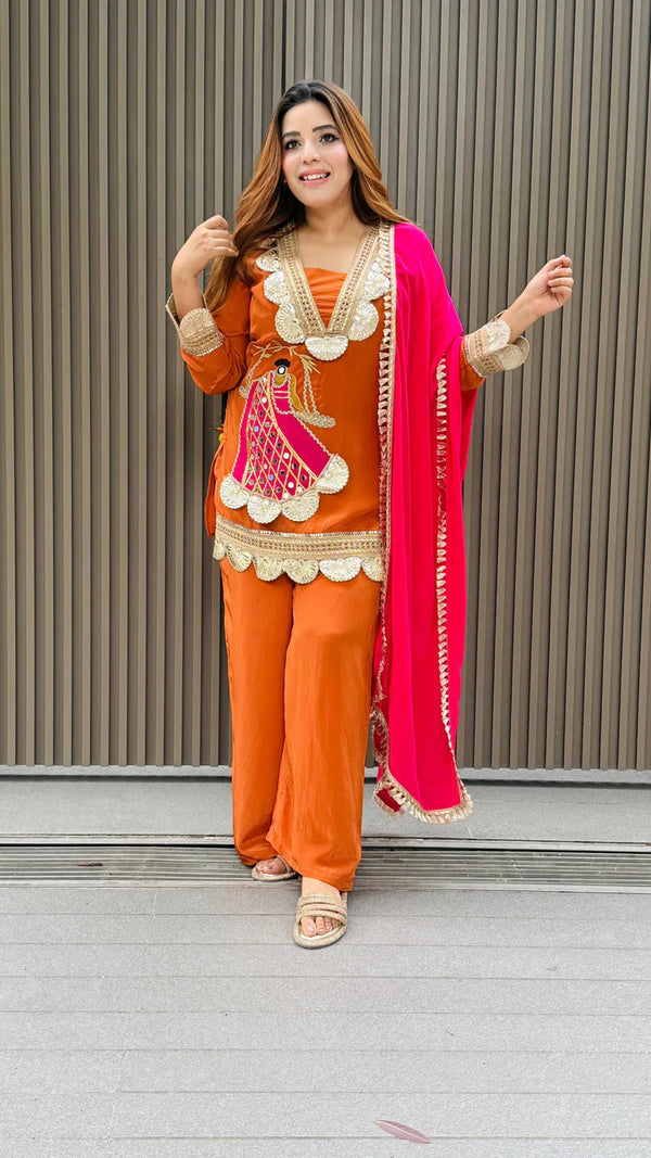 NAIRA ORANGE PURE CREPE SUIT SET