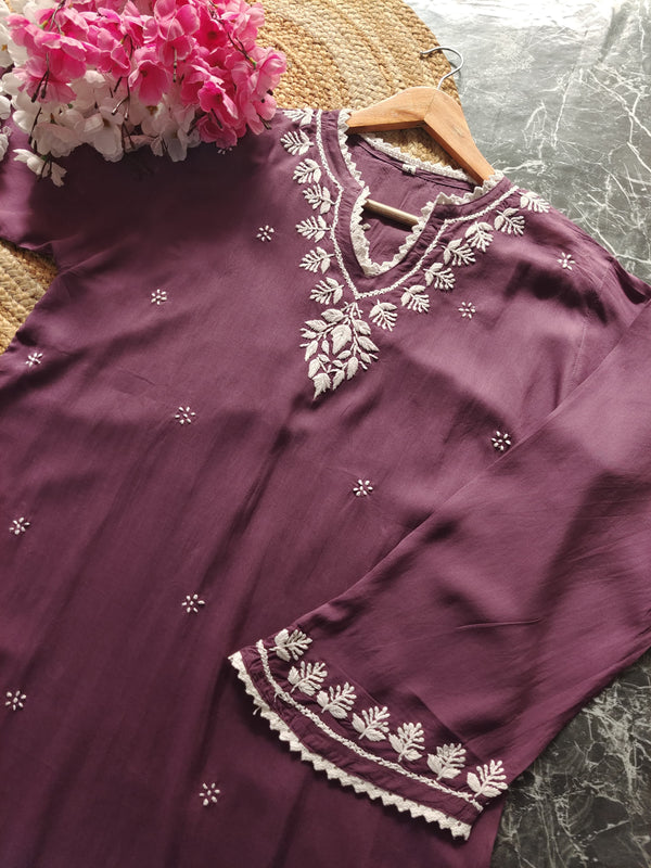 RAHMA MODAL DUSTY PURPLE CHIKANKARI SUIT SET - Ethnic Naari