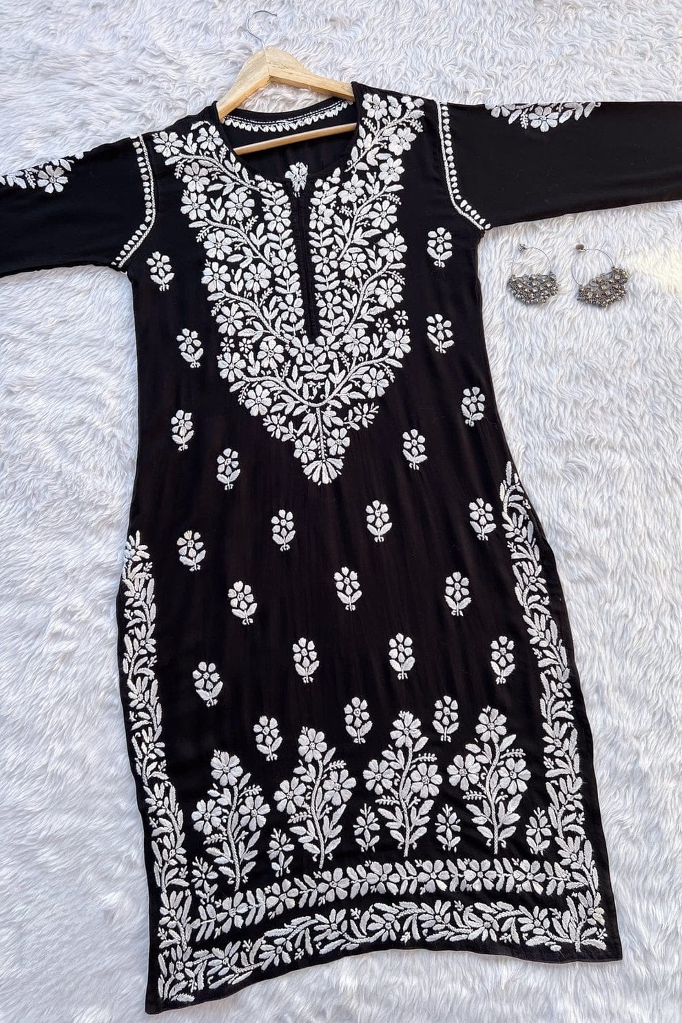 BHUMI CHIKANKARI PREMIUM MODAL STRAIGHT LONG KURTA - Ethnic Naari