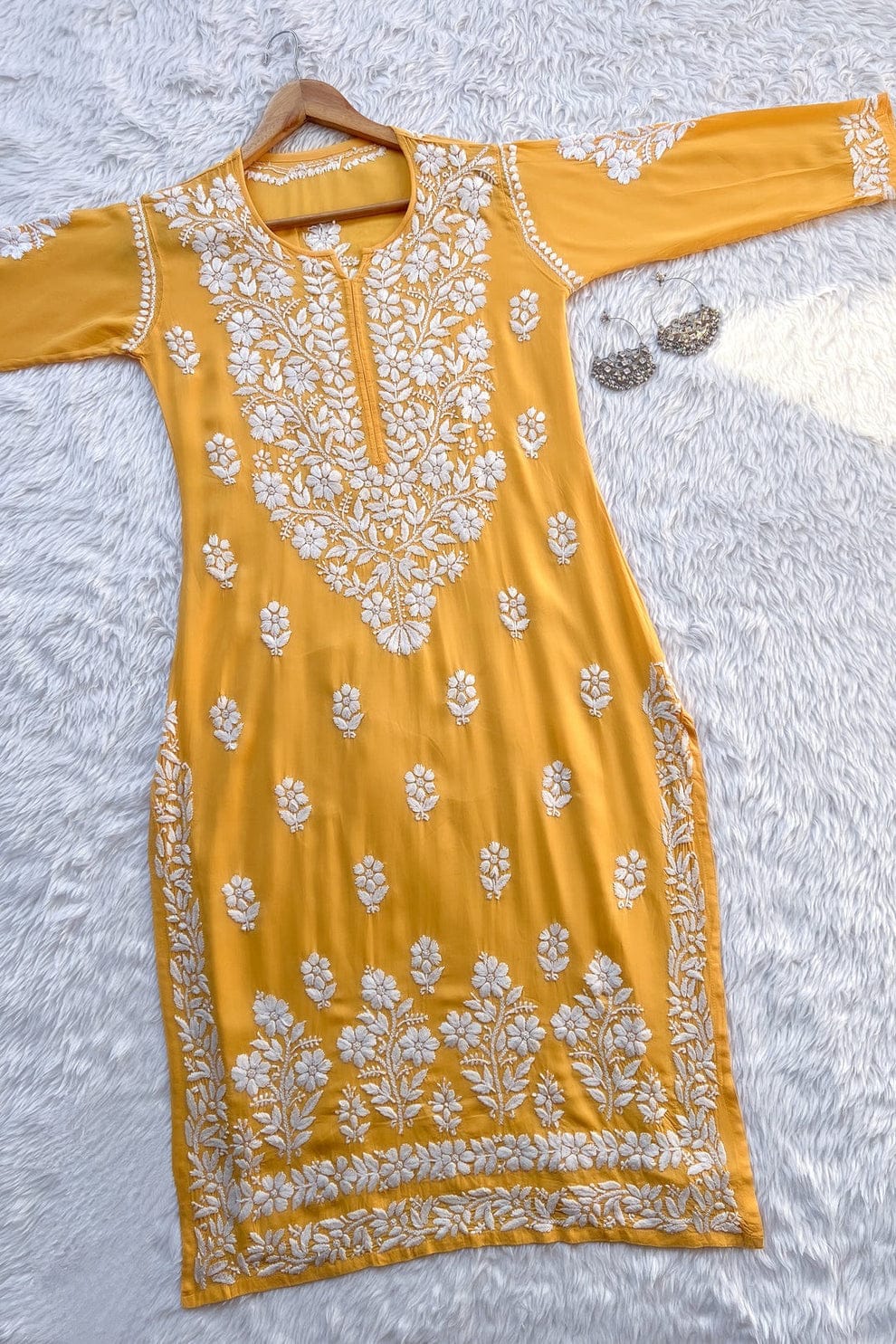 BHUMI CHIKANKARI PREMIUM MODAL STRAIGHT LONG KURTA - Ethnic Naari