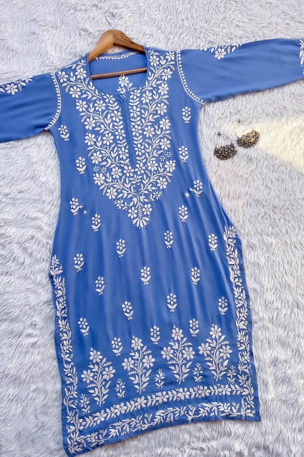 BHUMI CHIKANKARI PREMIUM MODAL STRAIGHT LONG KURTA - Ethnic Naari