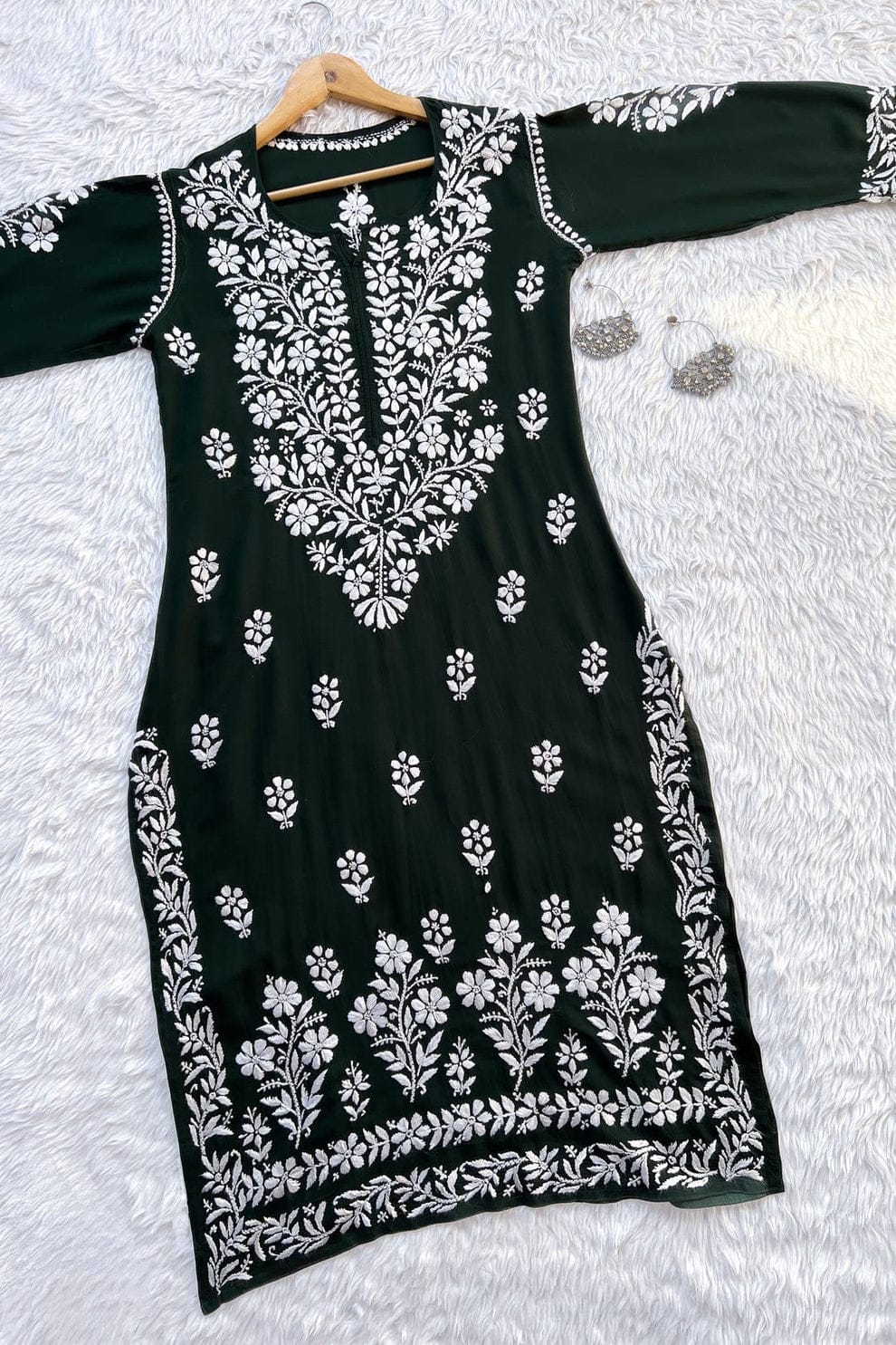 BHUMI CHIKANKARI PREMIUM MODAL STRAIGHT LONG KURTA - Ethnic Naari